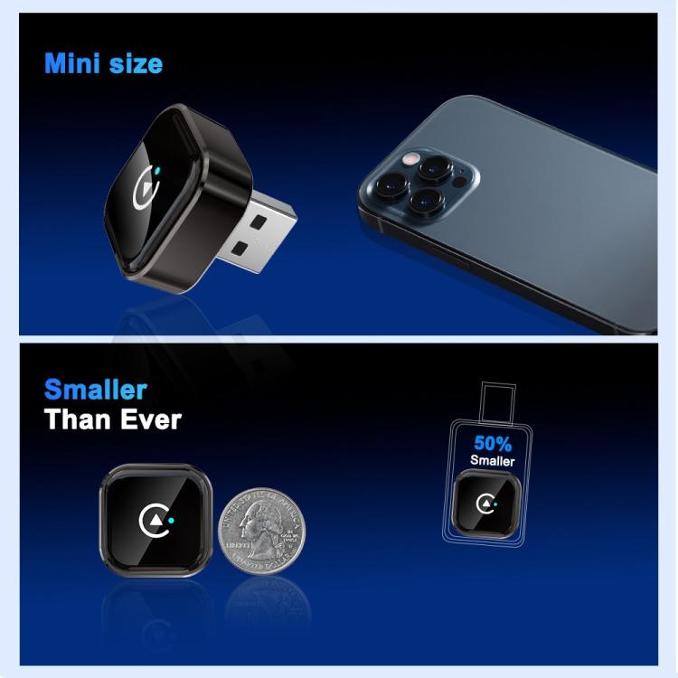 Mini black wireless car adapter with USB plug, shown with smaller size comparison