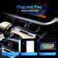 Wireless car adapter module with USB plug, placed on a car center console