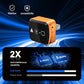 Orange and black wireless screen mirroring adapter with top control icon panel