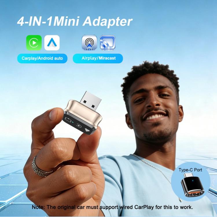 Gold mini smart screen mirroring adapter with USB plug held in hand