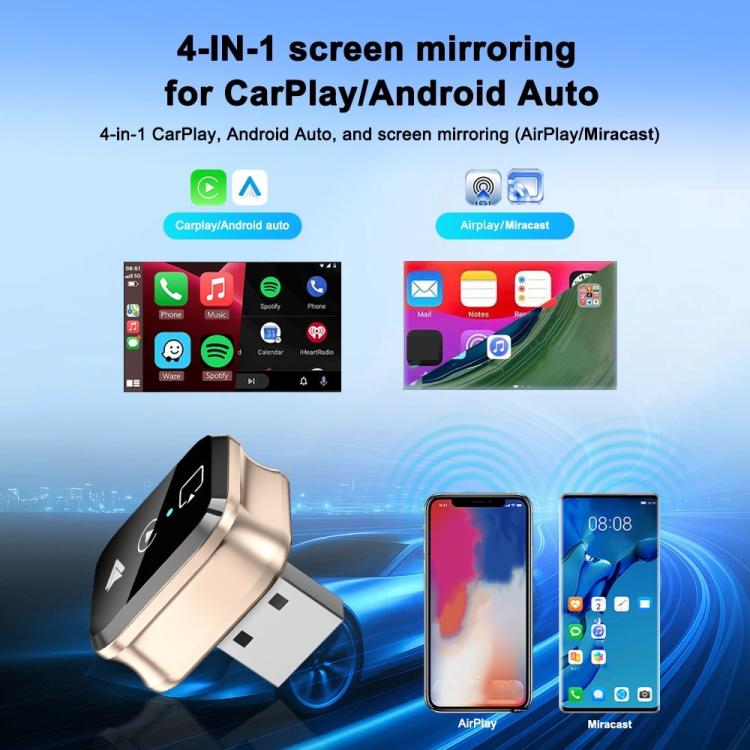 4-in-1 screen mirroring adapter with gold housing and USB connector for phones