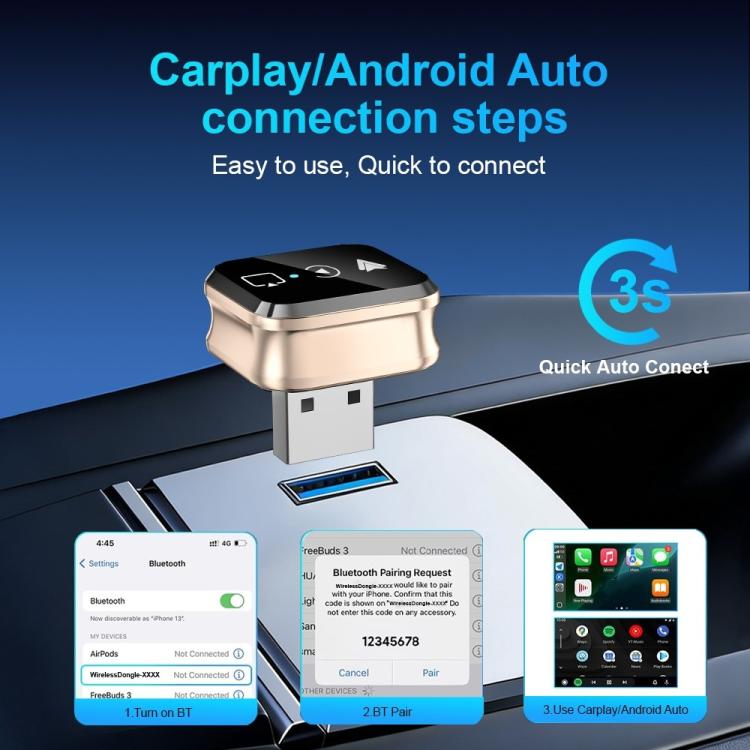 Gold screen mirroring adapter with USB connector for CarPlay and Android Auto