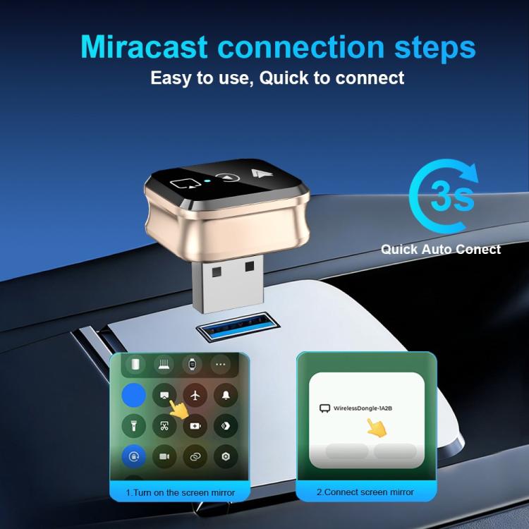 Gold Miracast screen mirroring adapter with USB connector, compact plug