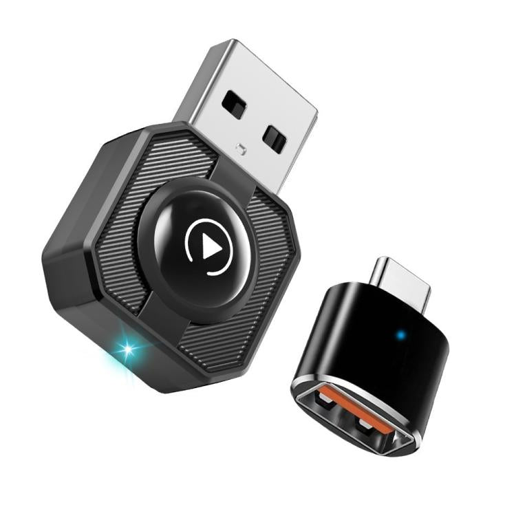 Wireless car adapter with USB-A plug, black and silver, LED indicator