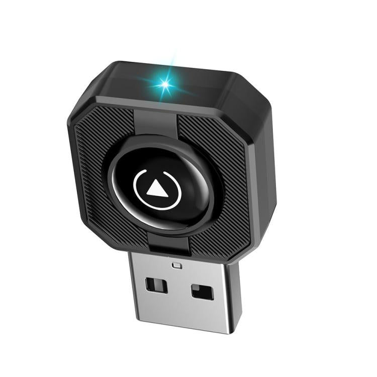 Black wireless car adapter with circular arrow logo on USB-A connector