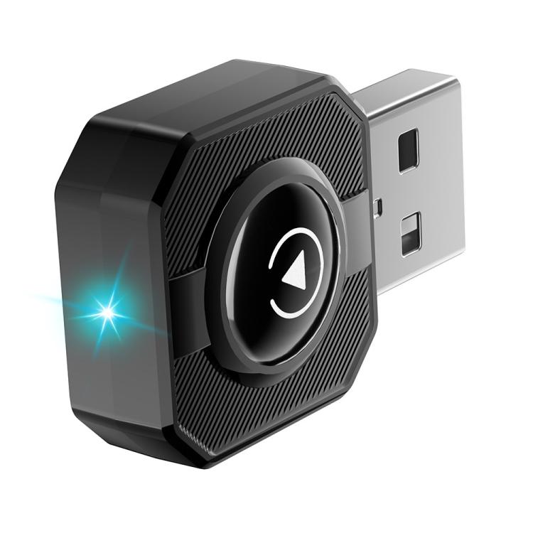 Compact wireless car adapter with two USB ports and circular arrow logo, dark gray
