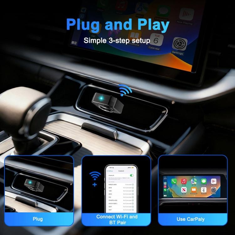 Wireless car adapter plugged into a car console with glowing LED light