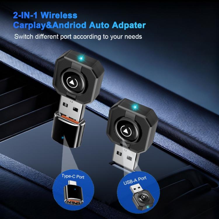 Two-in-one wireless car adapter with USB-A and Type-C ports, black arrow logo