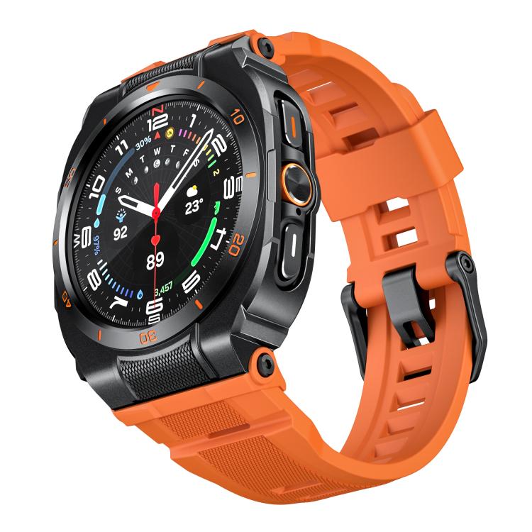 Galaxy Watch Ultra with black case and bright orange silicone band