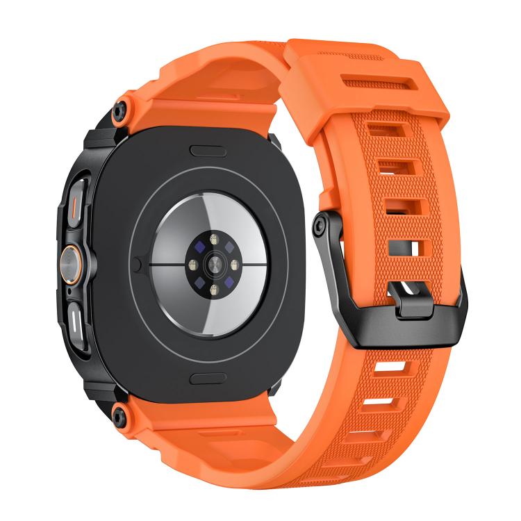 Rear view of Galaxy Watch Ultra with orange band, textured strap and buckle