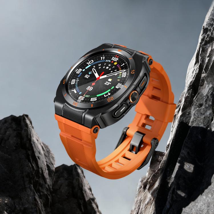 Galaxy Watch Ultra with orange band and black case, shown at an angle