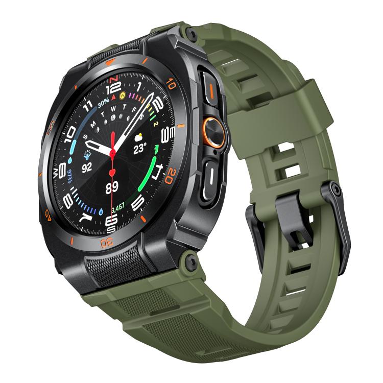 Galaxy Watch Ultra protective case and integrated silicone band in black and army green