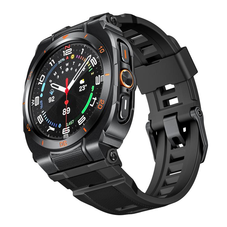 Galaxy Watch Ultra with black protective case and integrated black silicone band