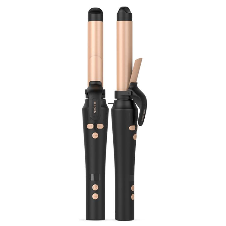 Automatic rotating hair curler with black handle and gold barrel, 32mm styling tool