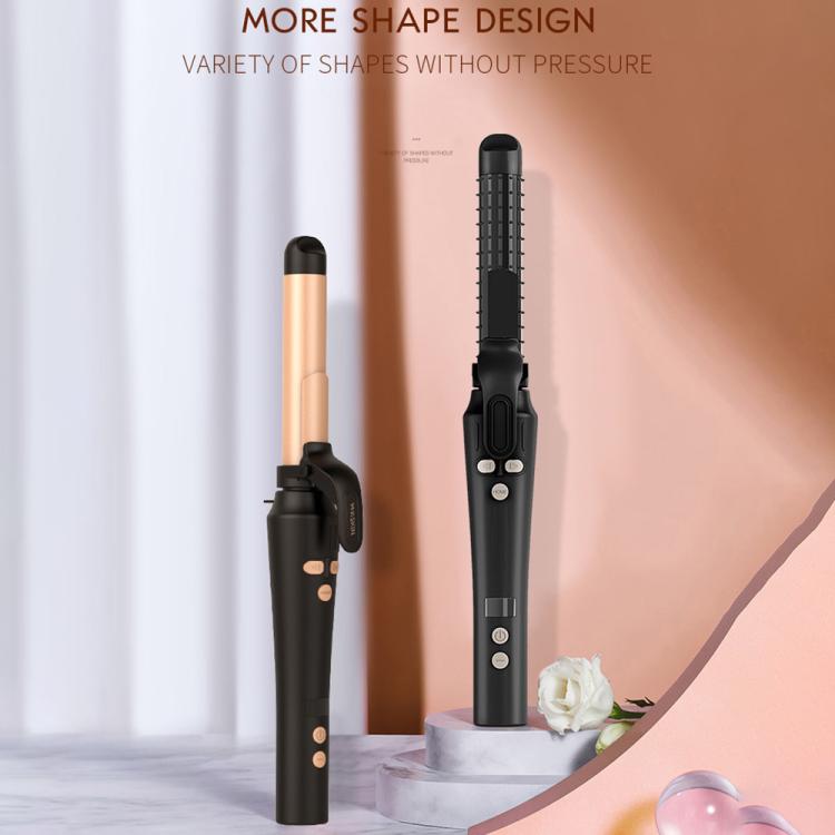 Automatic hair curler standing upright with black body and gold barrel, rotating clamp