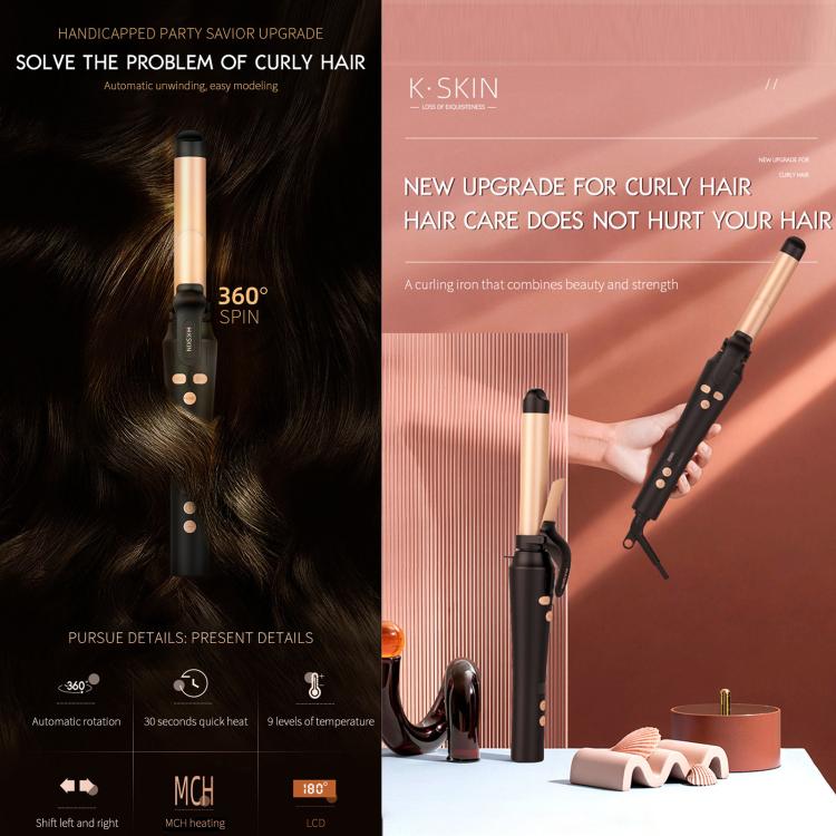 Automatic rotating curling iron device with black base and gold barrel, upright