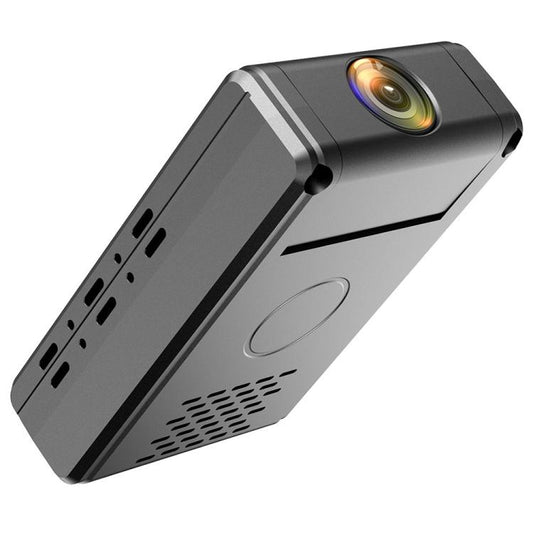 Compact mini security camera with front lens, vented panel, and side mounting slots
