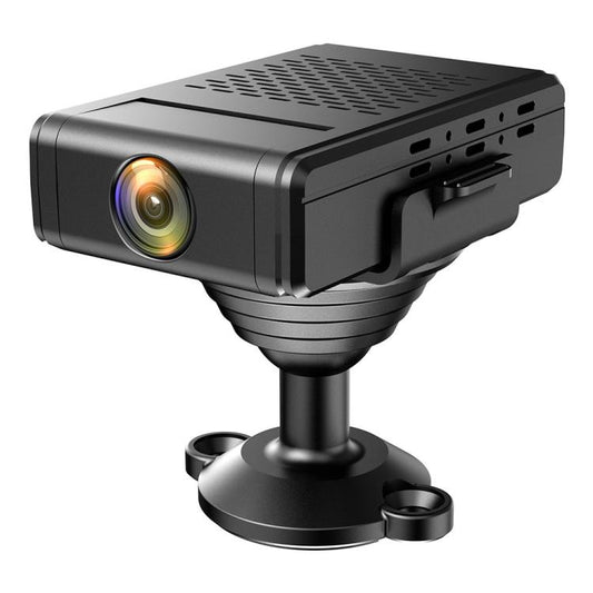 Rotating mini security camera with black housing and wide-angle lens on stand