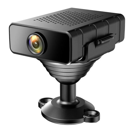 Black mini WiFi night vision camera with wide lens, on a rotating desk stand