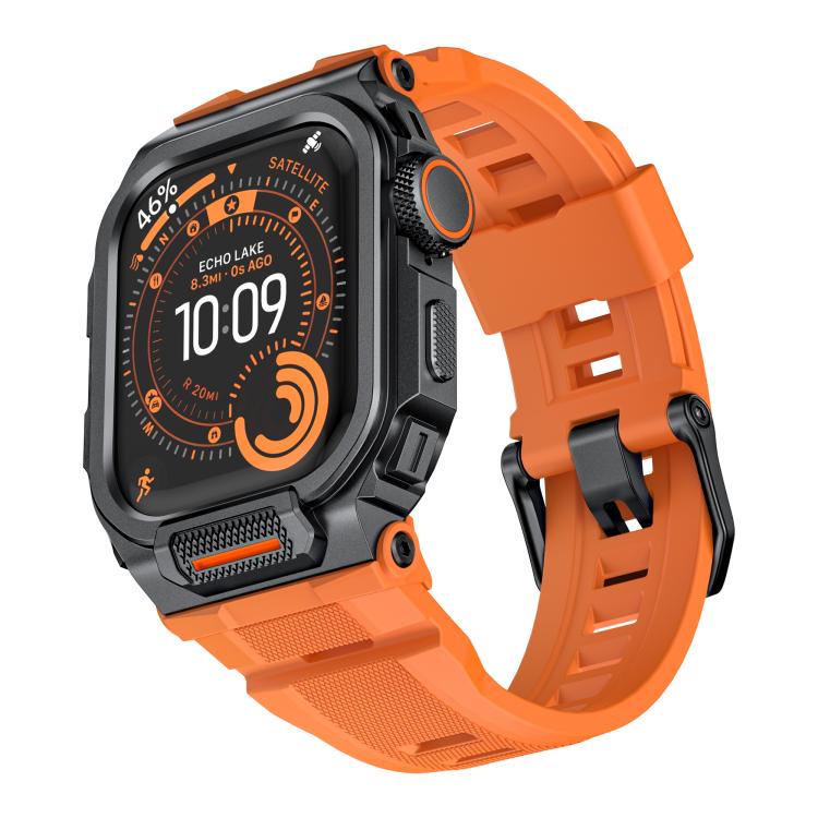 Apple Watch protective case with integrated orange silicone band and black metal bezel