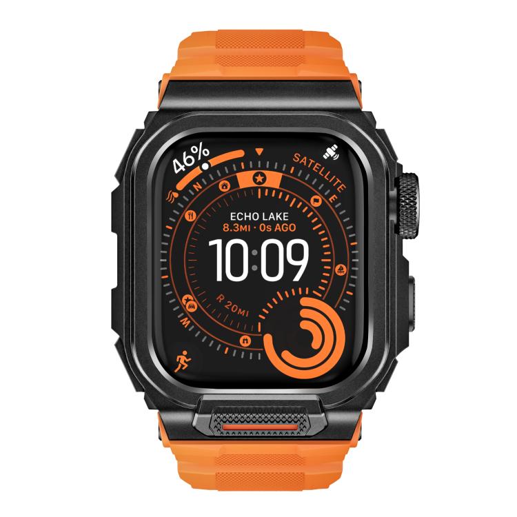 Front view of orange silicone Apple Watch band with rugged black protective case