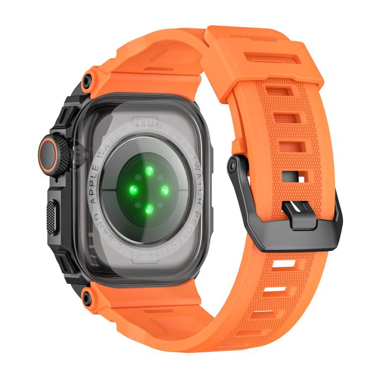Back view of orange silicone Apple Watch band and rugged protective case