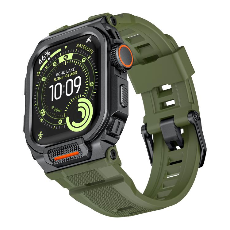 Apple Watch protective case with integrated army green silicone band and black bezel