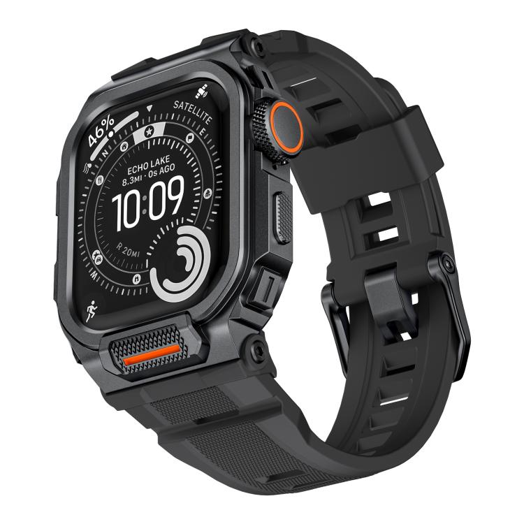 Apple Watch protective case with integrated black silicone band and black metal bezel