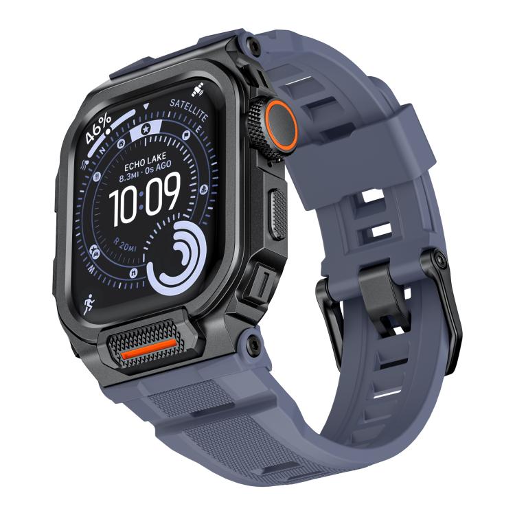 Apple Watch protective case with integrated blue-gray silicone band and black metal bezel