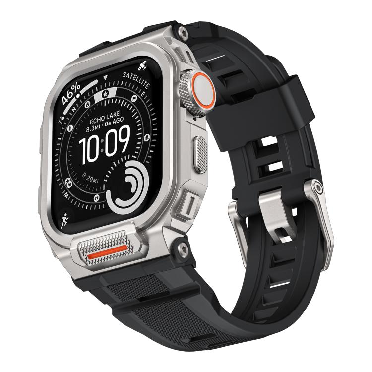 Apple Watch protective case with black silicone band and silver metal bezel