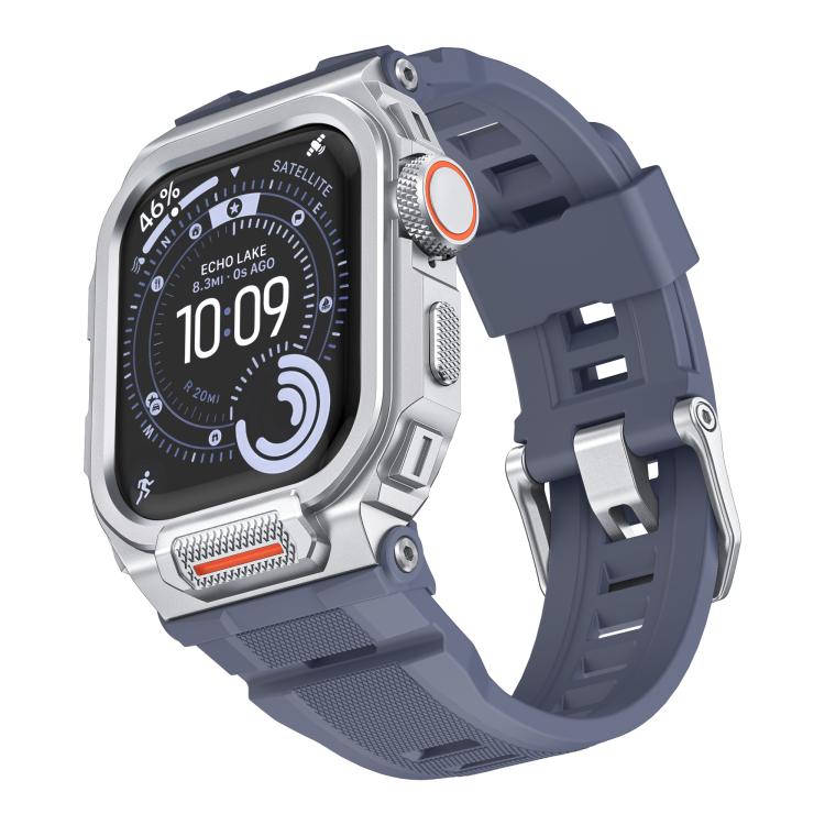 Apple Watch protective case with blue-gray silicone band and silver metal bezel