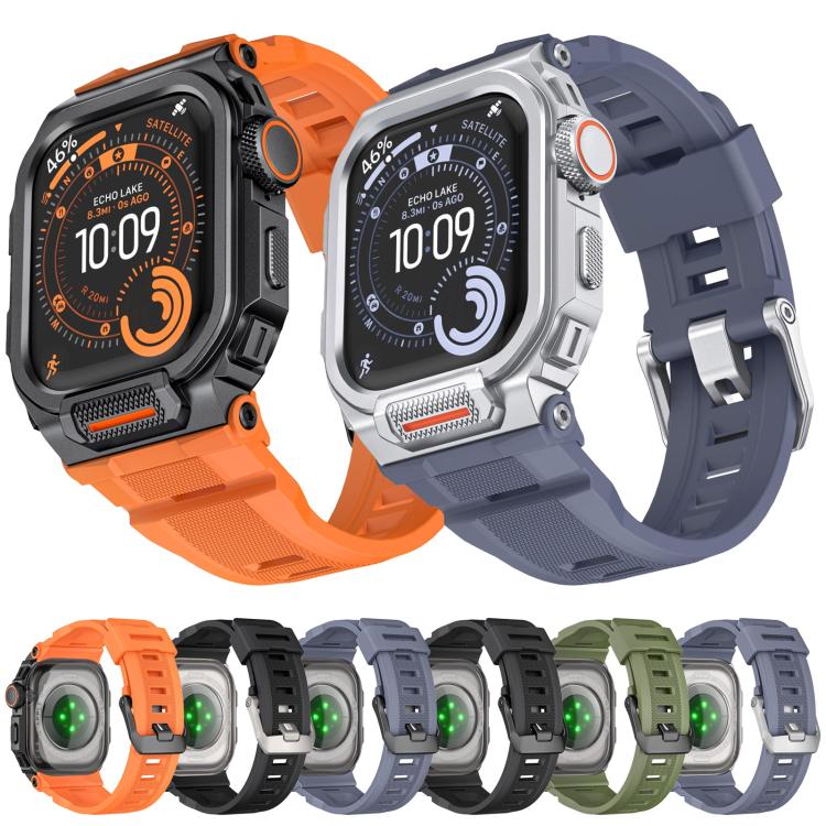 Orange and blue-gray silicone Apple Watch bands shown with protective cases, front and back