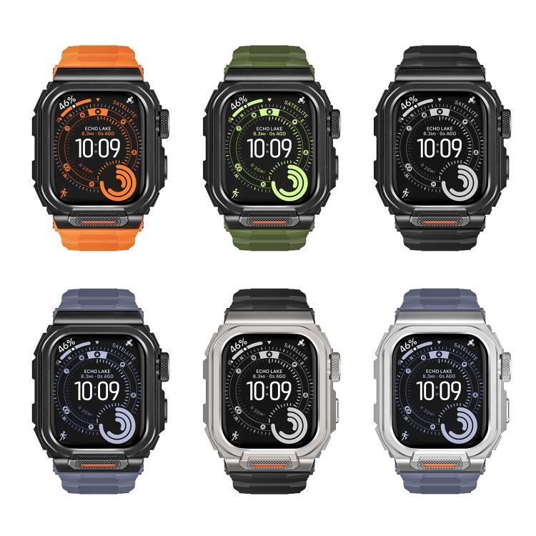 Six color options of integrated silicone Apple Watch bands with protective cases