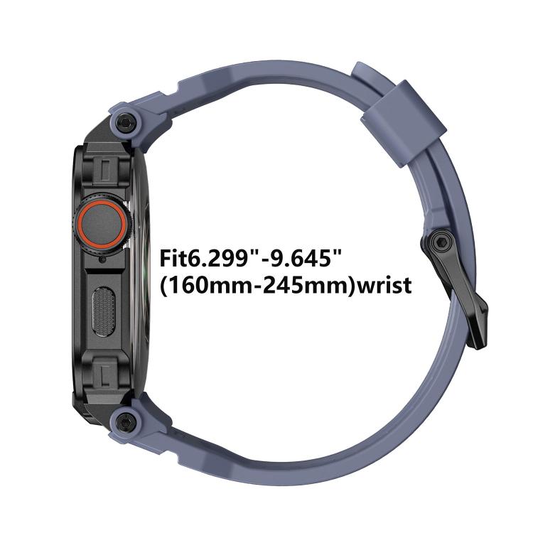 Apple Watch zinc alloy cover with blue-gray silicone band, side view