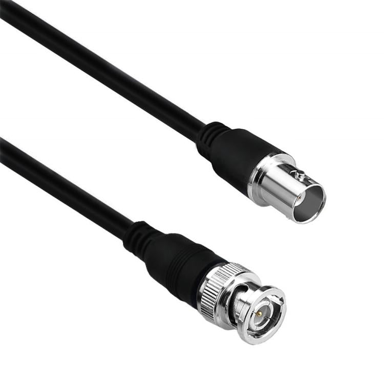 Black coax extension cable with silver BNC connectors, male and female ends