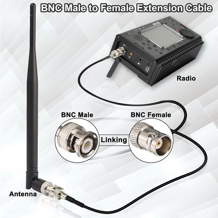 BNC extension cable with one male and one female connector, black coax lead.