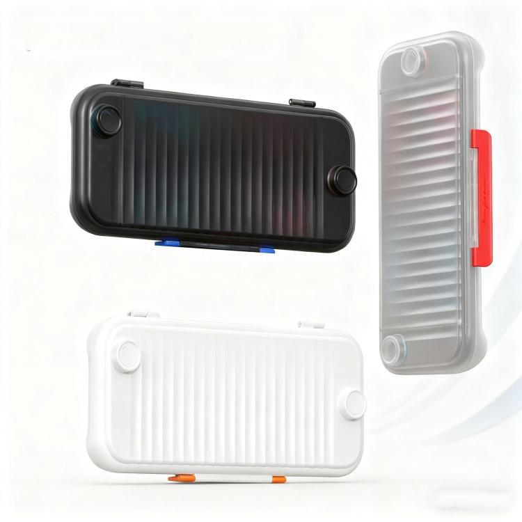 Two-piece hard-shell Switch case set: dark and white ridged anti-slip covers, open view