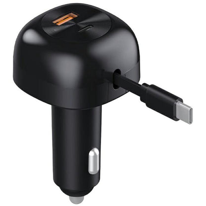 Black car cigarette lighter fast charger with pull-out USB-C connector and metal tip