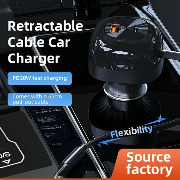 Black retractable car charger with extended pull-out cable for cigarette lighter port