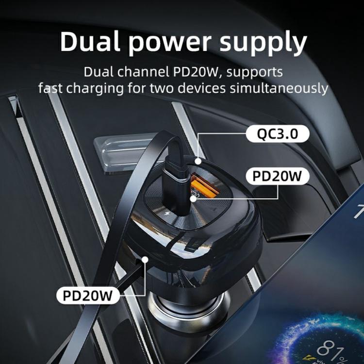 Black dual-port PD fast car charger with retractable top housing and visible ports