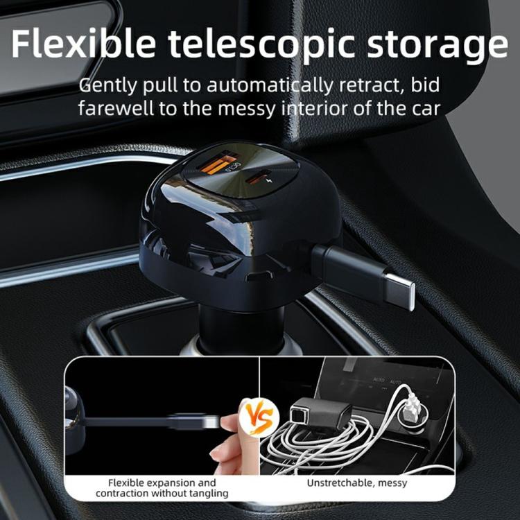 Black retractable car charger with stored telescopic cable for in-car use