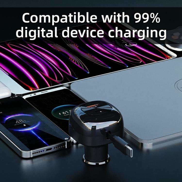 Black car charger with pull-out plug and ports with connected smartphone and tablet