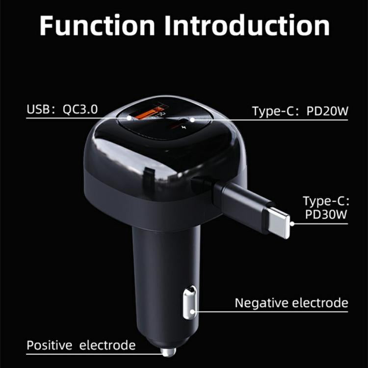 Black compact car charger with retractable plug and two charging ports on top