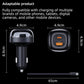 Black compact car charger with telescopic 65cm pull-out cable and dual connectors
