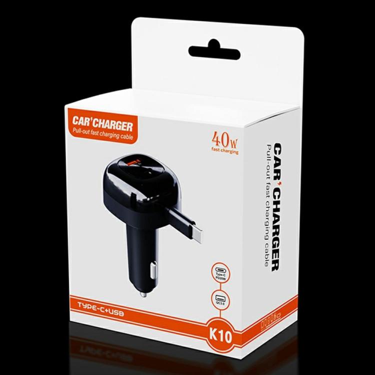K10 car charger retail box showing black cigarette lighter fast charger with cable