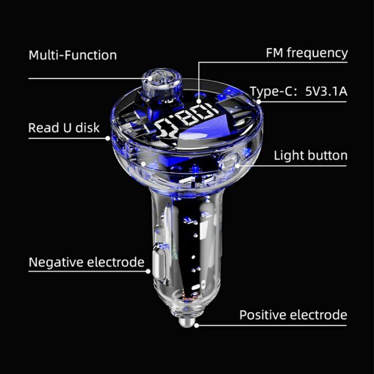 Car MP3 player with multi-function controls, light button, and FM frequency display