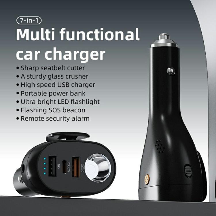 Black multifunction car charger safety hammer with flashlight and built-in ports