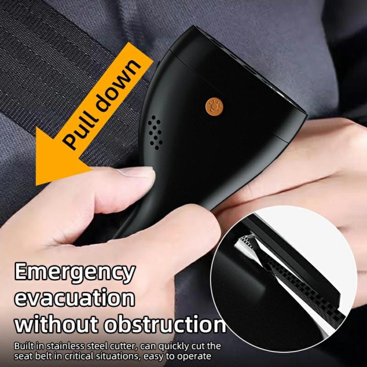 Black car charger safety hammer held in hand with emergency cutter detail