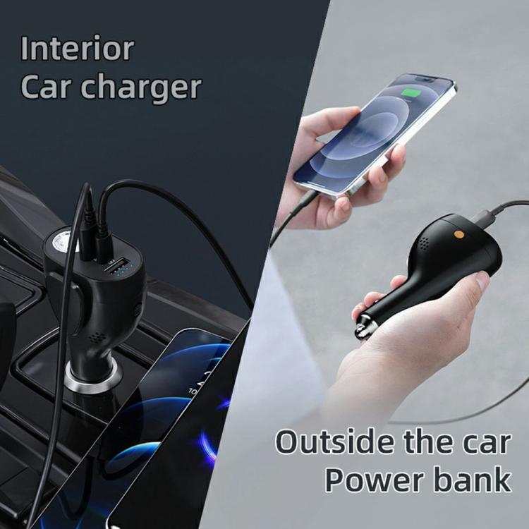 Black car charger safety hammer with USB charging ports for inside or outside use