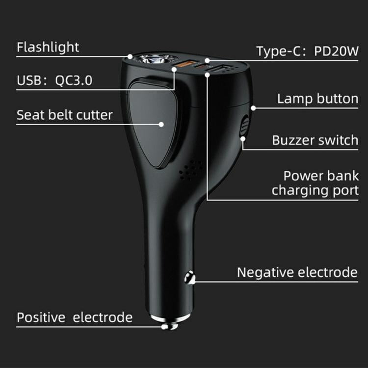 Black multifunction car charger safety hammer with labeled flashlight, switches, and ports